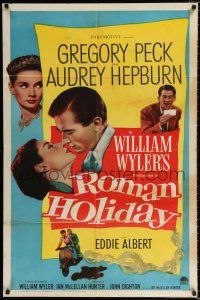 2t001 ROMAN HOLIDAY 1sh '53 Audrey Hepburn & Gregory Peck about to kiss and riding on Vespa!