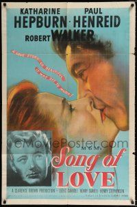 2t797 SONG OF LOVE 1sh '47 art of Katharine Hepburn & Paul Henreid kissing + Robert Walker!
