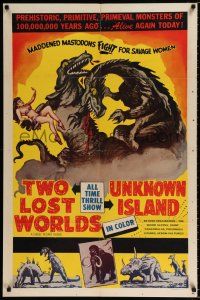 2t910 TWO LOST WORLDS/UNKNOWN ISLAND 1sh '50s cool artwork of dinosaurs and sexy woman!