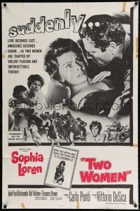 2t911 TWO WOMEN 1sh '61 Vittorio De Sica's La Ciociara, c/u of terrified Sophia Loren!