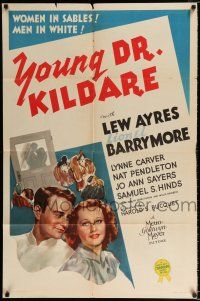 2t990 YOUNG DR. KILDARE 1sh '38 Lew Ayres, Lionel Barrymore & pretty Lynne Carver!