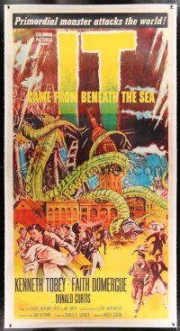 2w053 IT CAME FROM BENEATH THE SEA linen 3sh '55 Harryhausen, art of giant monster destroying city!
