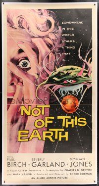2w057 NOT OF THIS EARTH linen 3sh '57 classic close up art of screaming girl & alien monster!