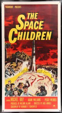 2w060 SPACE CHILDREN linen 3sh '58 Jack Arnold, great sci-fi art of kids, rocket & giant alien brain