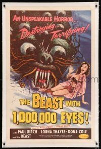 2w009 BEAST WITH 1,000,000 EYES linen 1sh '55 great art of monster attacking sexy girl by Kallis!