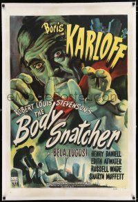 2w010 BODY SNATCHER linen 1sh '45 art of Boris Karloff close up & robbing body from graveyard!
