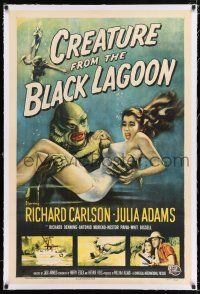 2w011 CREATURE FROM THE BLACK LAGOON linen 1sh '54 great art of monster holding sexy Julie Adams!