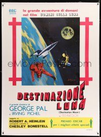 2w089 DESTINATION MOON linen Italian 1p R76 Robert A. Heinlein, cool art of space rocket flying!