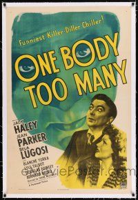 2w032 ONE BODY TOO MANY linen 1sh '44 huge spooky headshot of Bela Lugosi peeking through title!