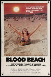 2x234 BLOOD BEACH 1sh '81 classic Jaws parody image of sexy girl in bikini sinking in quicksand!