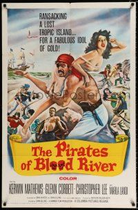 2x407 PIRATES OF BLOOD RIVER 1sh '62 great art of buccaneer carrying sexy babe, Hammer!