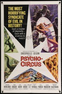 2x411 PSYCHO-CIRCUS 1sh '67 most horrifying syndicate of evil, cool art of sexy girl terrorized!