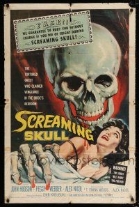 2x432 SCREAMING SKULL 1sh '58 great horror art of huge skull & sexy girl grabbed by skeleton hand!
