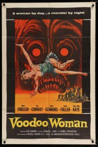2x471 VOODOO WOMAN 1sh '57 sexy Albert Kallis horror art, woman by day, a monster by night!