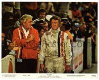2z025 LE MANS color 8x10 still #8 '71 race car driver Steve McQueen standing with manager in pit!