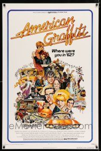 3b052 AMERICAN GRAFFITI 1sh '73 George Lucas teen classic, wacky Mort Drucker artwork of cast!