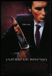3b055 AMERICAN PSYCHO 1sh '00 image of psychotic yuppie killer Christian Bale, from Ellis novel!