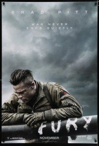 3b286 FURY teaser DS 1sh '14 great image of soldier Brad Pitt, war never ends quietly!