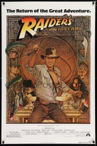 3b601 RAIDERS OF THE LOST ARK 1sh R82 great art of adventurer Harrison Ford by Richard Amsel!