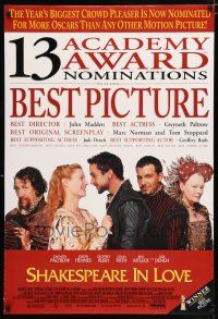 3b670 SHAKESPEARE IN LOVE nominations DS 1sh '98 Geoffrey Rush, Affleck & Joseph Fiennes, Madden!