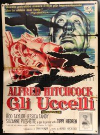 3e008 BIRDS Italian 2p '63 cool different Laz art with director Alfred Hitchcock & attacking birds!