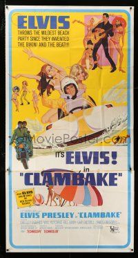 3g633 CLAMBAKE 3sh '67 McGinnis art of Elvis Presley in speed boat with sexy babes, rock & roll!