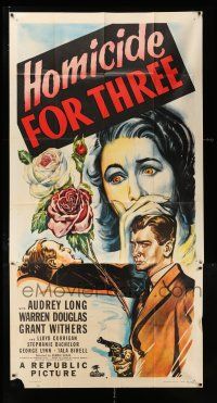 3g745 HOMICIDE FOR THREE 3sh '48 cool artwork of terrified Audrey Long + dead guy & man with gun!