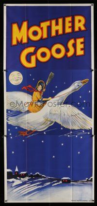 3g034 MOTHER GOOSE stage play English 3sh '30s stone litho art of mom holding broom & riding goose!