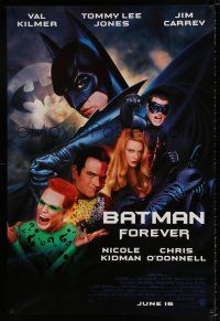 3h055 BATMAN FOREVER advance 1sh '95 Val Kilmer, Tommy Lee Jones, Carrey, O'Donnell, Nicole Kidman!