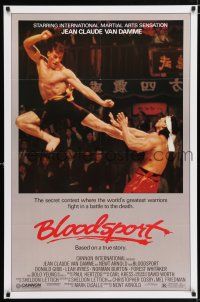 3h081 BLOODSPORT 1sh '88 cool image of Jean Claude Van Damme kicking Bolo Yeung in his huge pecs!