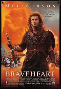3h100 BRAVEHEART advance DS 1sh '95 cool image of Mel Gibson as William Wallace!
