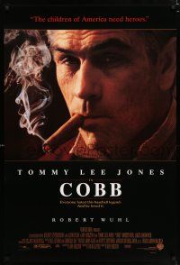3h126 COBB DS 1sh '94 baseball, close-up of cigar smoking Tommy Lee Jones as Ty Cobb!