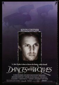 3h138 DANCES WITH WOLVES DS 1sh '90 close portrait of Kevin Costner & running buffalo!