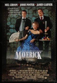 3h488 MAVERICK int'l DS 1sh '94 cool image of Mel Gibson & pretty Jodie Foster, gambling!