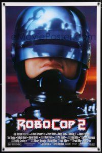 3h641 ROBOCOP 2 1sh '90 super close up of cyborg policeman Peter Weller, sci-fi sequel!