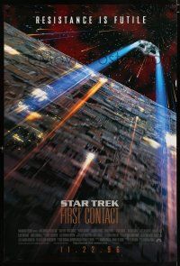 3h723 STAR TREK: FIRST CONTACT int'l advance 1sh '96 image of starship Enterprise above Borg cube!