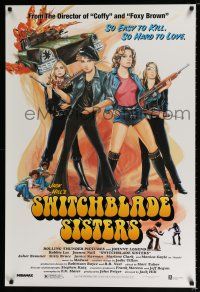 3h747 SWITCHBLADE SISTERS DS 1sh R96 Jack Hill, fantastic art of sexy bad girl gang with guns!