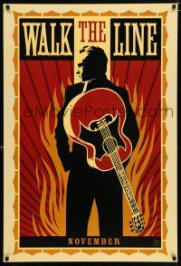 3h814 WALK THE LINE style A teaser DS 1sh '05 Shepard Fairey art of Joaquin Phoenix as Johnny Cash!