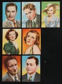 3j254 LOT OF 7 ENGLISH CIGARETTE CARDS OF FILM STARS '40s Errol Flynn, Myrna Loy, Rooney, color!