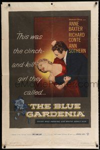 3k078 BLUE GARDENIA 1sh '53 Fritz Lang, Anne Baxter, there was nothing lily-white about her!