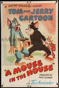 3k571 MOUSE IN THE HOUSE 1sh '47 great art of cat holding a gun on Tom while Jerry watches!