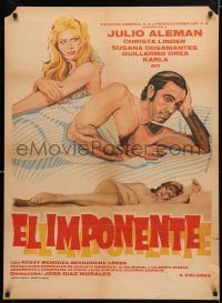 3m068 EL IMPONENTE Mexican poster '73 cool art of frustrated man with two sexy women in bed!