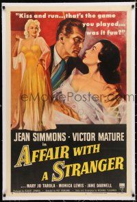 3p007 AFFAIR WITH A STRANGER linen 1sh '53 great art of Jean Simmons, Victor Mature & sexy bad girl!