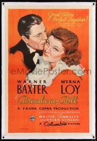 3p036 BROADWAY BILL linen style B 1sh '34 Frank Capra, Warner Baxter, Myrna Loy, never before seen!
