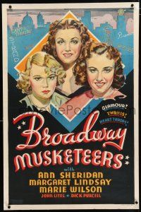 3p037 BROADWAY MUSKETEERS linen Other Company 1sh '38 art of Ann Sheridan & friends in New York!
