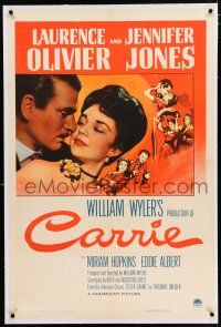 3p051 CARRIE linen 1sh '52 Laurence Olivier, Jennifer Jones, directed by William Wyler!