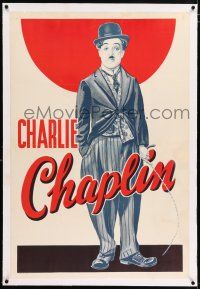 3p055 CHARLIE CHAPLIN linen 1sh '30s cool full-length art as The Tramp with bamboo cane!