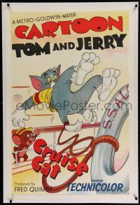 3p069 CRUISE CAT linen 1sh '52 art of Jerry pushing Tom overboard from ship & waving bon voyage!