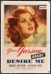 3p076 DESIRE ME linen 1sh '47 wonderful artwork portrait of beautiful Greer Garson, George Cukor