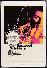 3p079 DIRTY HARRY linen 1sh '71 art of Clint Eastwood pointing his .44 magnum, Don Siegel classic!